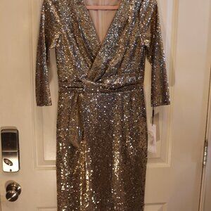 Calvin Klein sequined faux-wrap dress.